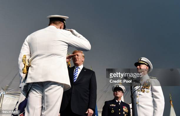 President Donald Trump participates in the U.S. Coast Guard Change-of-Command Ceremony as Adm. Paul F. Zukunft is relieved by Adm. Karl L. Schultz as...