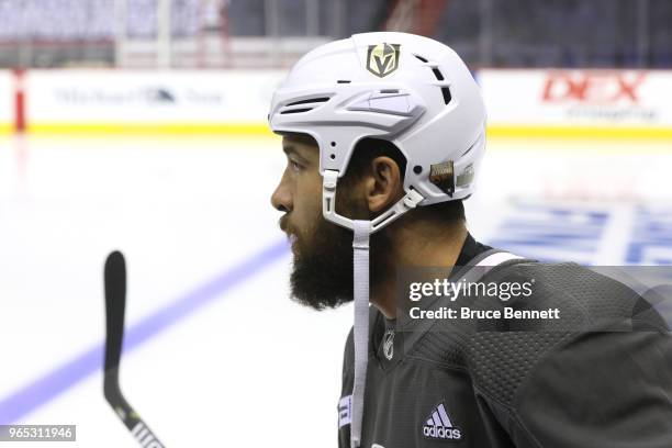 Deryk Engelland of the Vegas Golden Knights looks on during a practice session for the 2018 NHL Stanley Cup Final at Capital One Arena on June 1,...