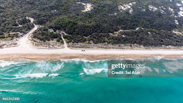 aerial view of moreton island where sea meets forest - moreton island stockfoto's en -beelden