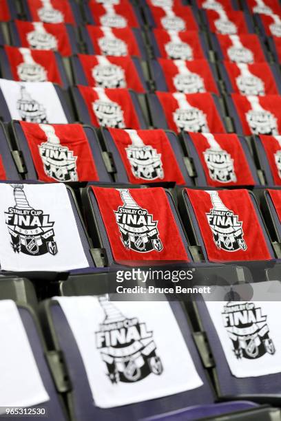 Detailed view of Washington Capitals rally towels hung on the backs of the seats in the stands during a practice session for the 2018 NHL Stanley Cup...