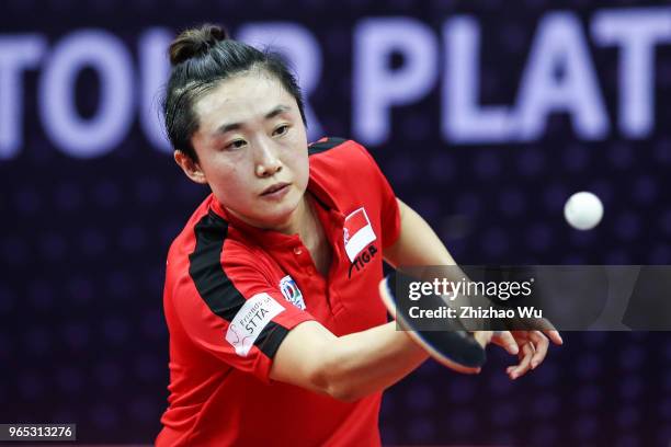 Feng Tianwei of Singapore in action at the women's singles Round of 16 compete with Sato Hitomi of Japan during the 2018 ITTF World Tour China Open...