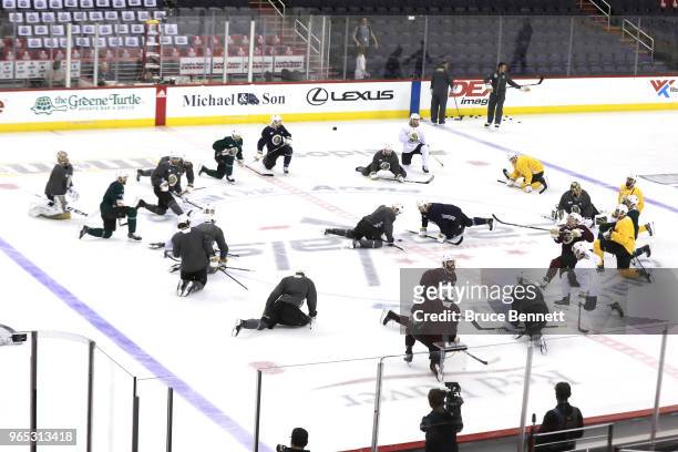 The Vegas Golden Knights warm up during a practice session for the 2018 NHL Stanley Cup Final at Capital One Arena on June 1, 2018 in Washington, DC.