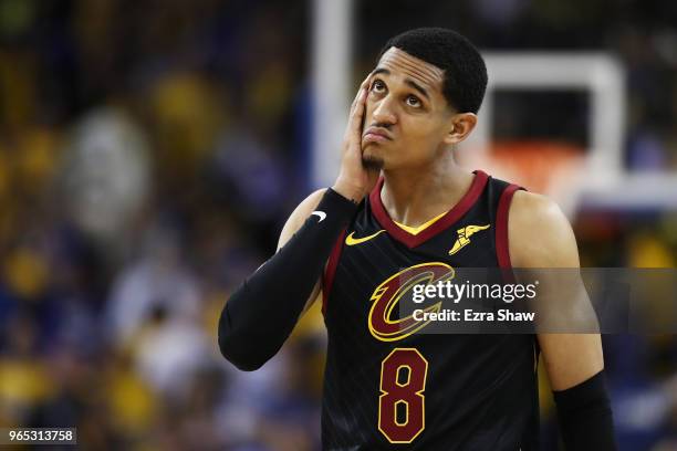 Jordan Clarkson of the Cleveland Cavaliers reacts against the Golden State Warriors in Game 1 of the 2018 NBA Finals at ORACLE Arena on May 31, 2018...