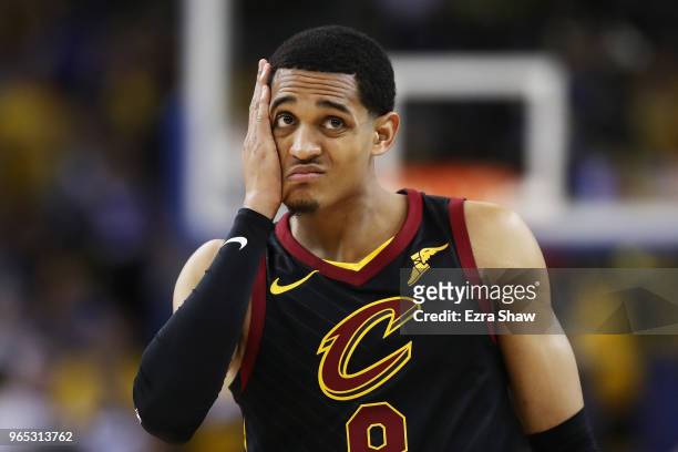 Jordan Clarkson of the Cleveland Cavaliers reacts against the Golden State Warriors in Game 1 of the 2018 NBA Finals at ORACLE Arena on May 31, 2018...