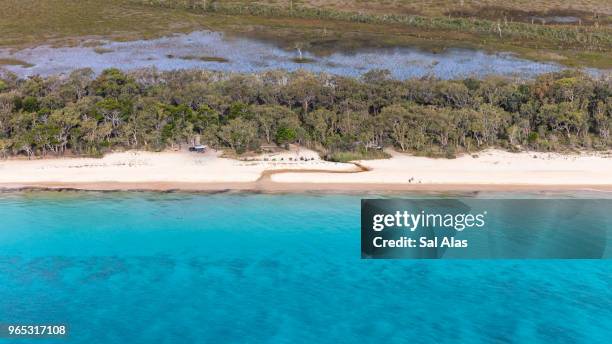 aerial view of moreton island where sea meets forest - moreton island stockfoto's en -beelden