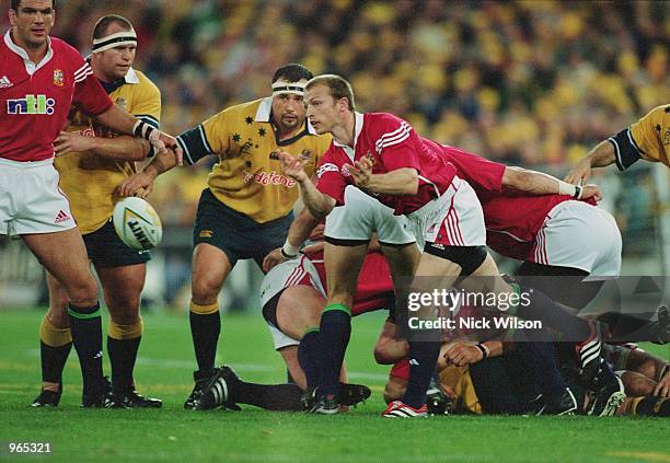 Matt Dawson of the Lions releases the ball during the Second Test Match between the Australian Wallabies and the British and Irish Lions played at...