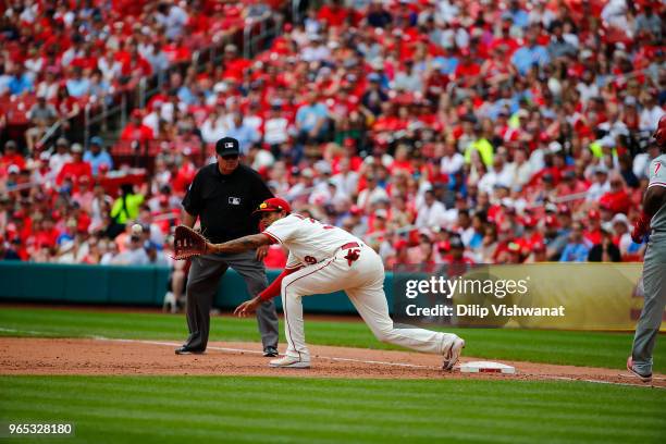 Jose Martinez of the St. Louis Cardinals makes a catch against the Philadelphia Phillies at Busch Stadium on May 19, 2018 in St. Louis, Missouri.