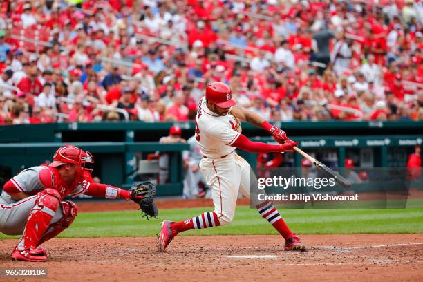 Tommy Pham of the St. Louis Cardinals bats against the Philadelphia Phillies at Busch Stadium on May 19, 2018 in St. Louis, Missouri.