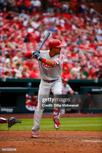 Aaron Altherr of the Philadelphia Phillies bats against the St. Louis Cardinals at Busch Stadium on May 19, 2018 in St. Louis, Missouri.