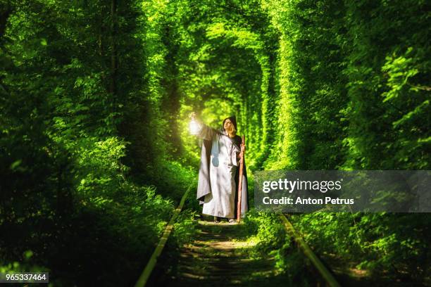 wizard with a lantern in a tunnel of green forest - green potion stock pictures, royalty-free photos & images