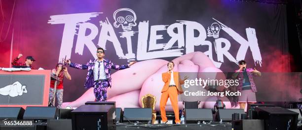 Berlin Hip-Hop-Band 'Trailerpark' perform at Rock im Park 2018 festival at Zeppelinfeld on June 1, 2018 in Nuremberg, Germany.