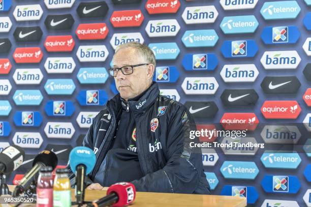 Lars Lagerback of Norway during press meeting after training at Keflavik on June 1, 2018 in Keflavik, Iceland.