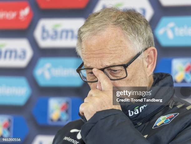 Lars Lagerback of Norway during press meeting after training at Keflavik on June 1, 2018 in Keflavik, Iceland.