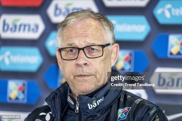 Lars Lagerback of Norway during press meeting after training at Keflavik on June 1, 2018 in Keflavik, Iceland.