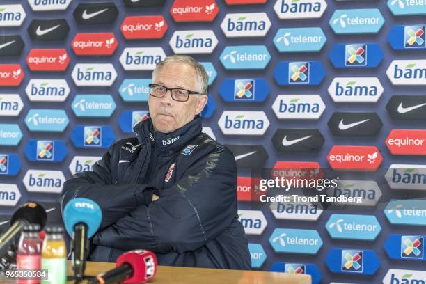 Lars Lagerback of Norway during press meeting after training at Keflavik on June 1, 2018 in Keflavik, Iceland.