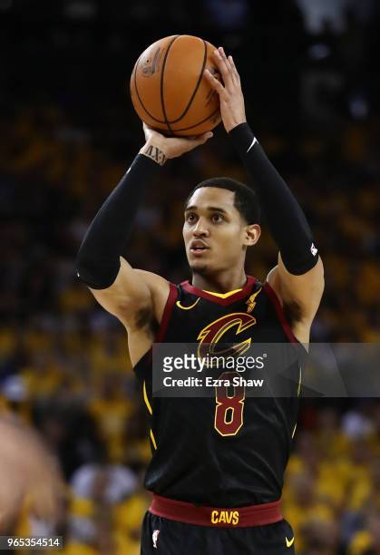 Jordan Clarkson of the Cleveland Cavaliers shoots against the Golden State Warriors in Game 1 of the 2018 NBA Finals at ORACLE Arena on May 31, 2018...