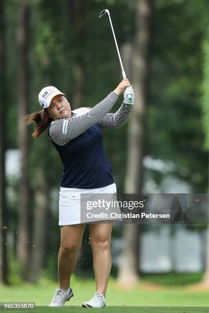 Inbee Park of South Korea plays her second shot on the 15th hole during the second round of the 2018 U.S. Women's Open at Shoal Creek on June 1, 2018...