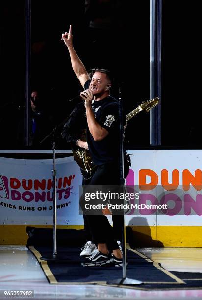 Daniel Platzman of Imagine Dragons perform before Game Two of the 2018 NHL Stanley Cup Final between the Washington Capitals and the Vegas Golden...