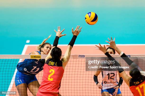 Julieta Constanza Lazcano of Argentina attacks during the FIVB Volleyball Nations League Hong Kong match between China and Argentina on May 29, 2018...