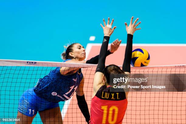 Julieta Constanza Lazcano of Argentina attacks during the FIVB Volleyball Nations League Hong Kong match between China and Argentina on May 29, 2018...