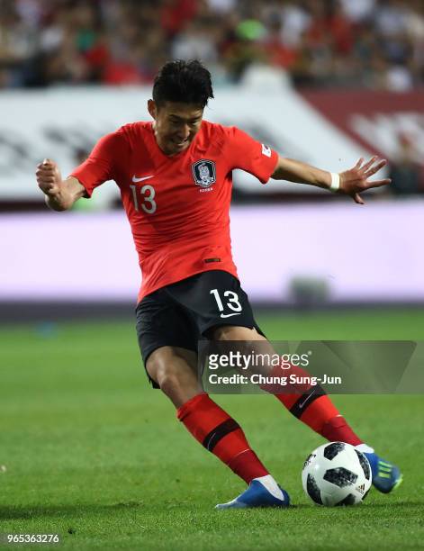 Son Heung-min of South Korea in action during the international friendly match between South Korea and Bosnia & Herzegovina at Jeonju World Cup...