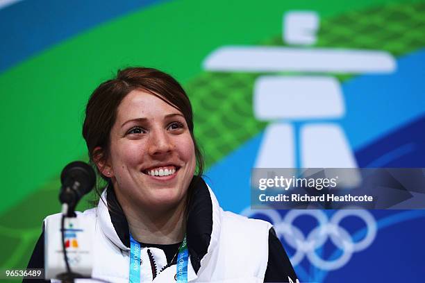 Erin Hamlin attends the United States Olympic Committee Luge Singles Press Conference at the Whistler Media Centre on February 9, 2010 in Vancouver,...