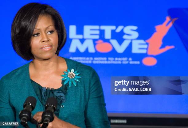 First Lady Michelle Obama speaks about her initiative, "Let's Move," a campaign to help combat childhood obesity, during an event in the State Dining...
