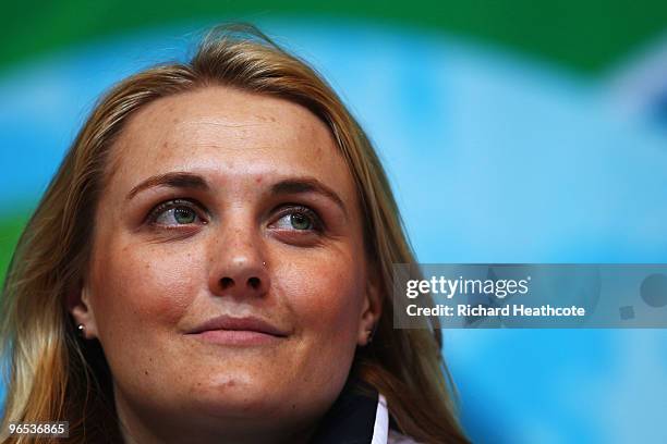 Julia Clukey attends the United States Olympic Committee Luge Singles Press Conference at the Whistler Media Centre on February 9, 2010 in Vancouver,...