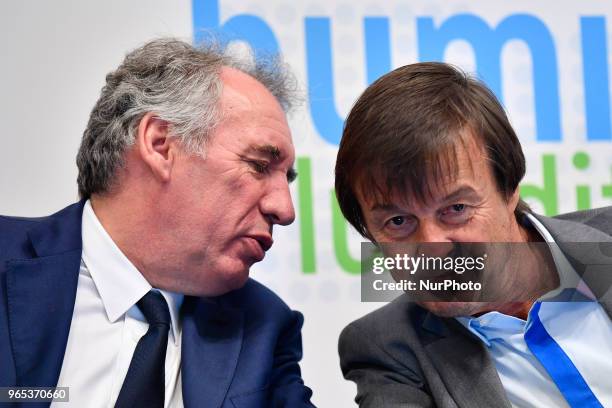 President of French of the MoDem centrist party Francois Bayrou and Nicolas Nicolas Hulot, the Minister of Ecological and Solidarity Transition...