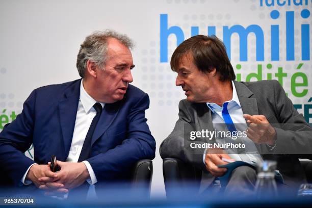President of French of the MoDem centrist party Francois Bayrou and Nicolas Nicolas Hulot, the Minister of Ecological and Solidarity Transition...