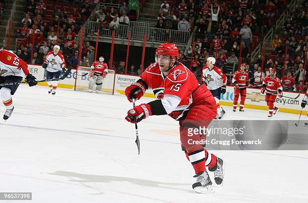 Tuomo Ruutu of the Carolina Hurricanes scores an empty net goal against the Florida Panthers during the third period of his bobblehead night on...