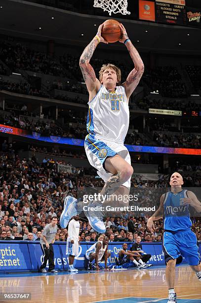 Chris Andersen of the Denver Nuggets goes to the basket against the Dallas Mavericks on February 9, 2010 at the Pepsi Center in Denver, Colorado....