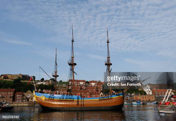 Full sized replica of Captain Cook's famous ship, the HM Bark Endeavour is towed into Whitby Harbour following refurbishment work on the River Tees...
