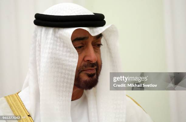 Abu Dhabi's Crown Prince and Deputy Supreme Commander of UAE's Armed Forces Sheikh Mohammed bin Zayed bin Sultan Al-Nahyan speeches during talks at...