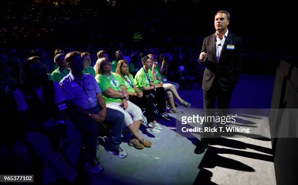 Doug McMillon, Walmart CEO, delivers his keynote during the annual shareholders meeting event on June 1, 2018 in Fayetteville, Arkansas. The...