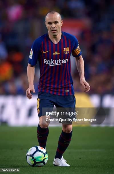 Andres Iniesta of Barcelona in action during the La Liga match between Barcelona and Real Sociedad at Camp Nou on May 20, 2018 in Barcelona, Spain.