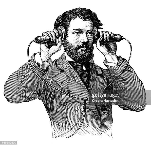 making a call on antique telephone - old fashioned telephone stock illustrations