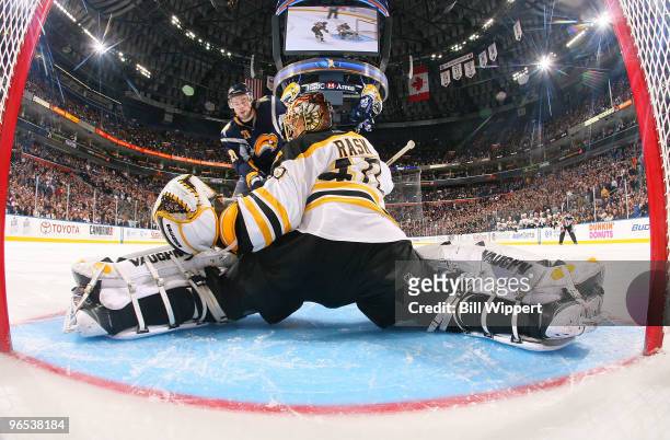 Tuukka Rask of the Boston Bruins does the splits to make a shootout save on Drew Stafford of the Buffalo Sabres on February 9, 2010 at HSBC Arena in...