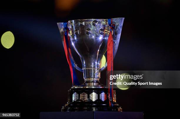 La Liga Trophy is seen at the end of the La Liga match between Barcelona and Real Sociedad at Camp Nou on May 20, 2018 in Barcelona, Spain.