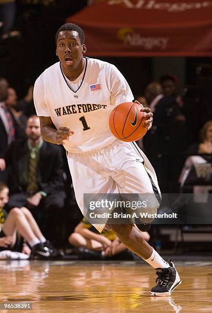 Al-Farouq Aminu of the Wake Forest Demon Deacons starts a fast break during first-half action against the Boston College Eagles on February 9, 2010...