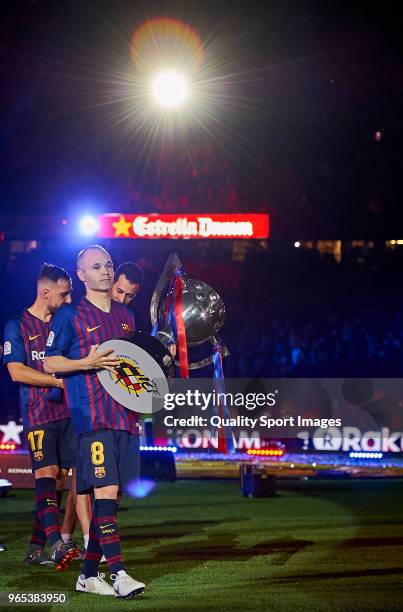 Andres Iniesta of Barcelona at the end of the La Liga match between Barcelona and Real Sociedad at Camp Nou on May 20, 2018 in Barcelona, Spain.