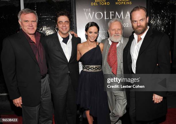 Director Joe Johnston, actors Benicio Del Toro, Emily Blunt, Sir Anthony Hopkins and Hugo Weaving arrive at the "The Wolfman" Los Angeles Premiere...