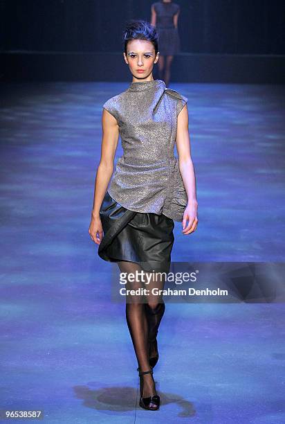 Model showcases designs by Scanlan & Theodore on the catwalk during the David Jones Autumn/Winter 2010 Fashion Launch at the Hordern Pavilion on...