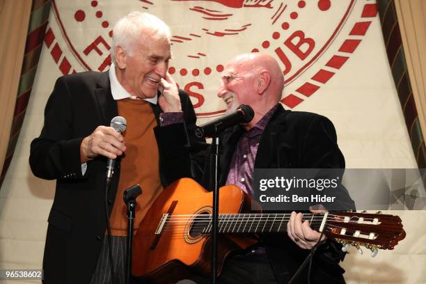 Actor Dick Latessa and Actor Dominic Chianese perform at "The Last New Yorker" New York premiere after party at the New York Friars Club on February...