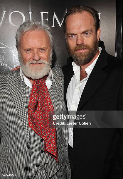 Actors Sir Anthony Hopkins and Hugo Weaving arrive at the "The Wolfman" Los Angeles Premiere held at ArcLight Hollywood Cinemas on February 9, 2010...