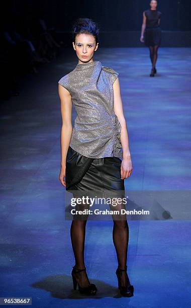 Model showcases designs by Scanlan & Theodore on the catwalk during the David Jones Autumn/Winter 2010 Fashion Launch at the Hordern Pavilion on...