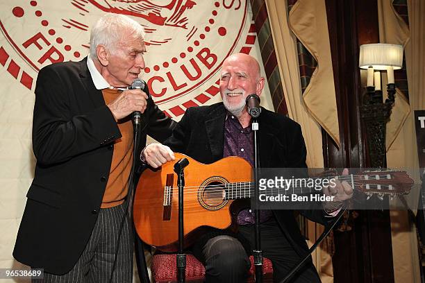 Actor Dick Latessa and Actor Dominic Chianese perform at "The Last New Yorker" New York premiere after party at the New York Friars Club on February...
