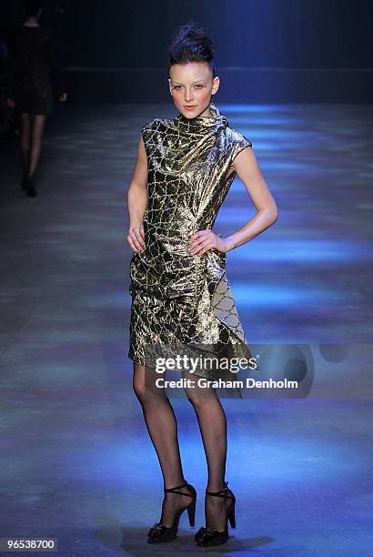 Model showcases designs by Scanlan & Theodore on the catwalk during the David Jones Autumn/Winter 2010 Fashion Launch at the Hordern Pavilion on...