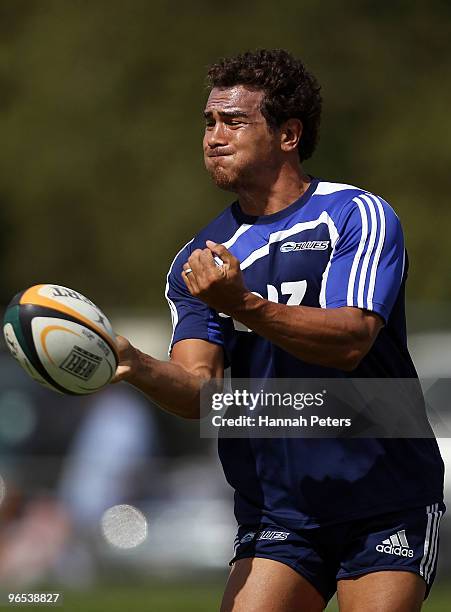 Benson Stanley passes the ball out during a Blues Super 14 training session at Unitec on February 10, 2010 in Auckland, New Zealand.