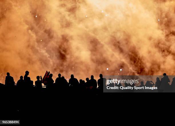 Fireworks light up the sky over Camp Nou after the La Liga match between Barcelona and Real Sociedad at Camp Nou on May 20, 2018 in Barcelona, Spain.